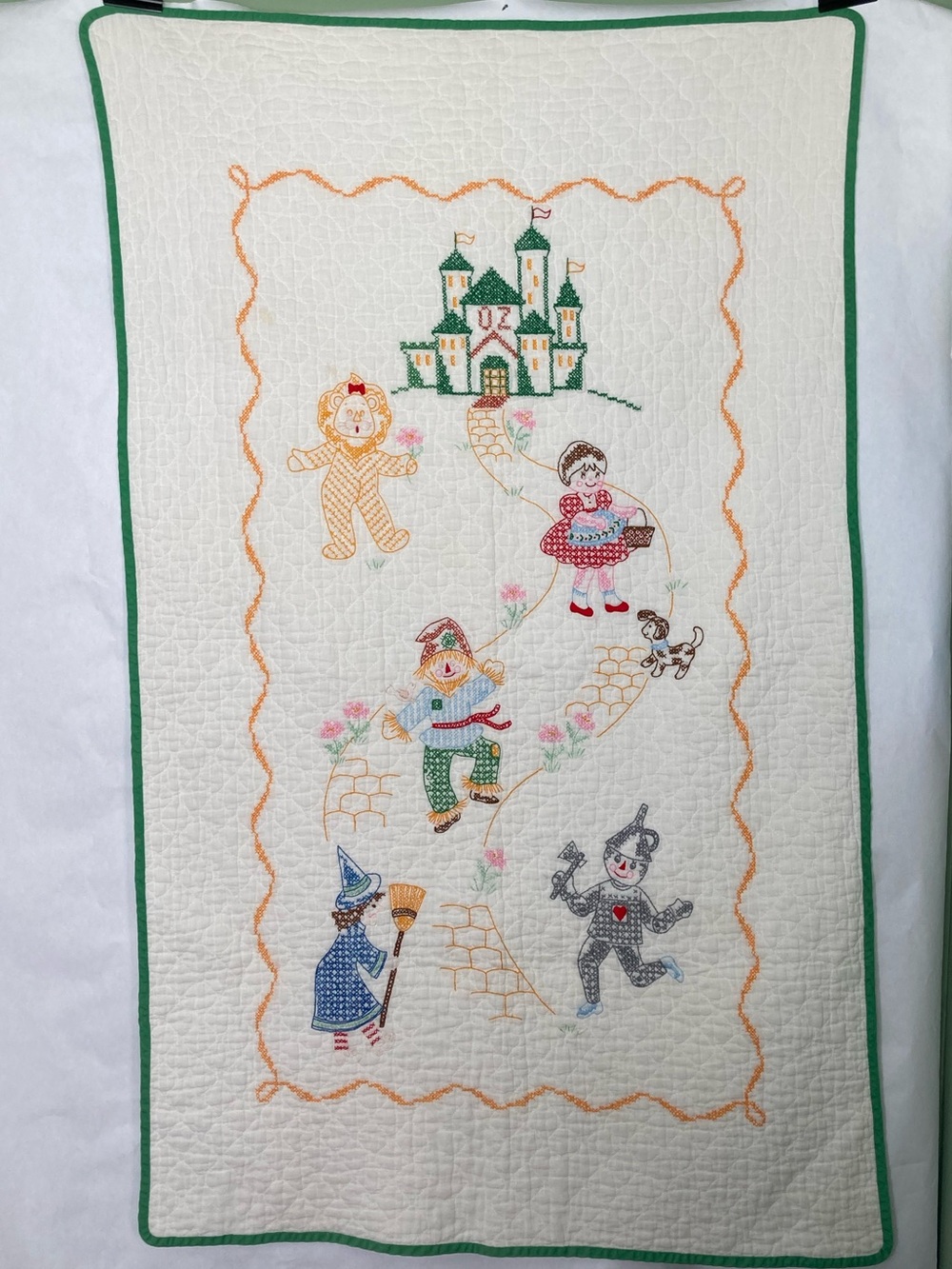 Vintage Wizard Of Oz Cross Stitch Baby Blanket Quilt Hand Stitched Sewn Wicked